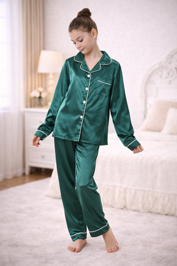Pyjama Satin Enfant — Uni Long Émeraude