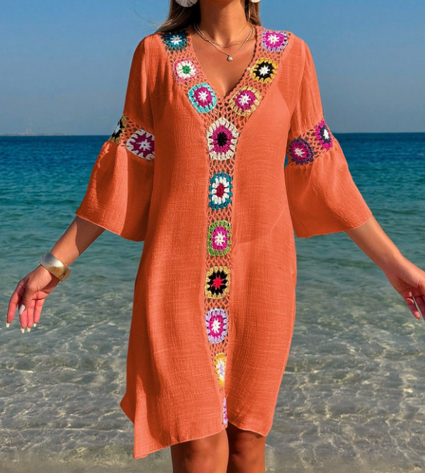 Robe Kaftan — Fleurs Crochet Orange Terracotta
