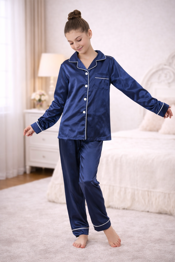 Pyjama Satin Enfant — Uni Long Bleu Ciel