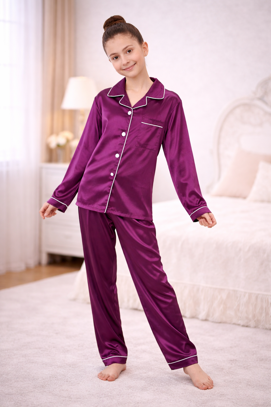 Pyjama Satin Enfant — Uni Long Violet