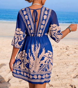 Robe de Plage — Bohème Brodée Bleue & Dorée